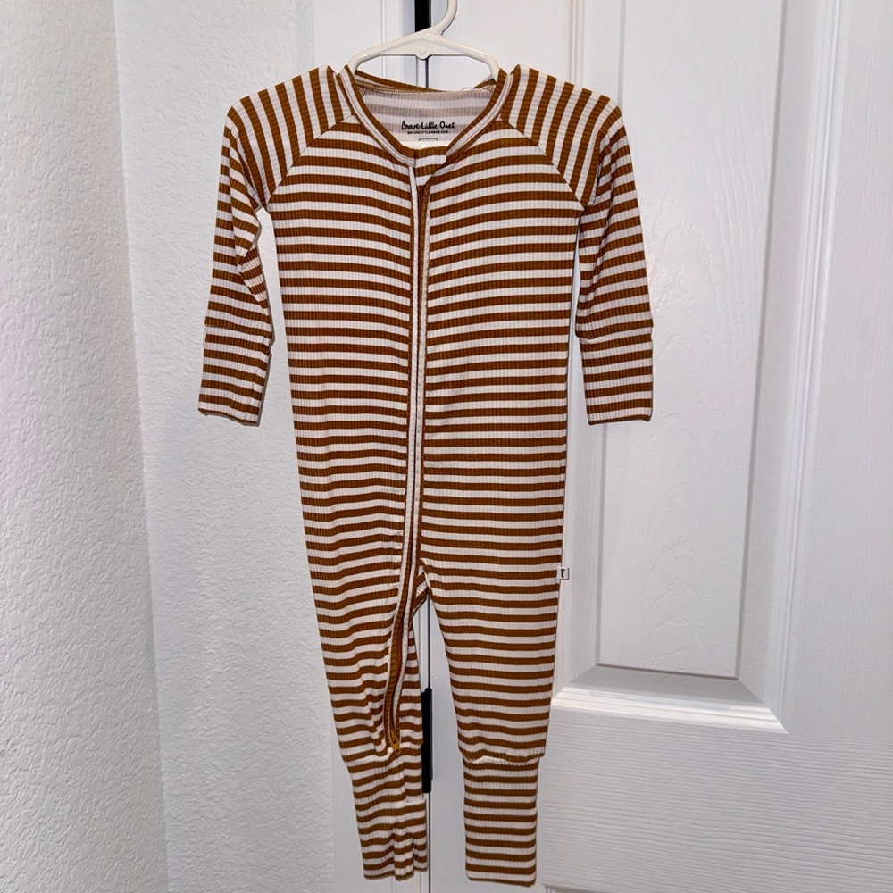 NWT Brave Little Ones Camel Stripe Ribbed Zip Romper 6-12